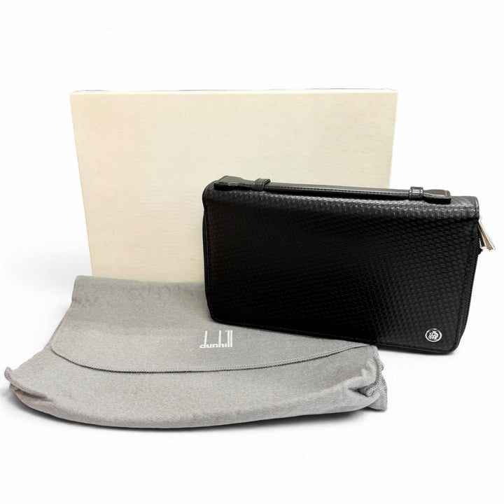 Great Dunhill Purse Micro D8 Logo Metal Double Zipper Organizer black leather