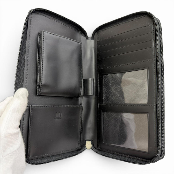 Great Dunhill Purse Micro D8 Logo Metal Double Zipper Organizer black leather