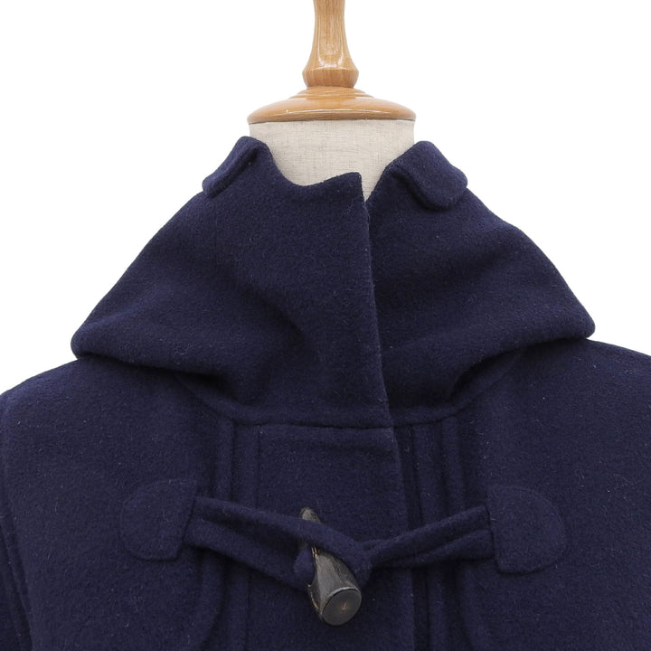 Great Mackintosh Duffel coat Logo toggle button hood Navy wool Women 34