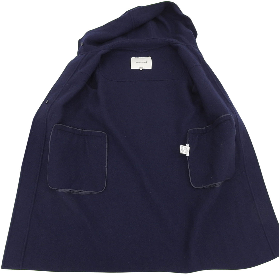 Great Mackintosh Duffel coat Logo toggle button hood Navy wool Women 34