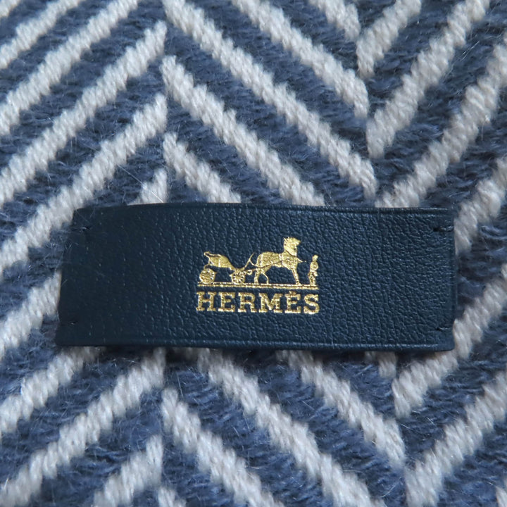 新品 HERMES ショール シェブロン柄 大判スカーフ ブルー ホワイト カシミア