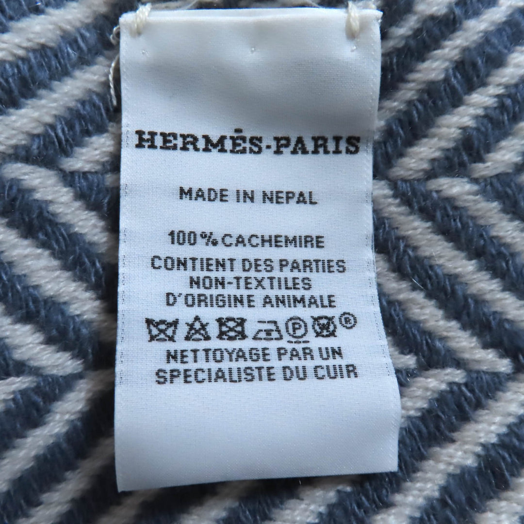 新品 HERMES ショール シェブロン柄 大判スカーフ ブルー ホワイト カシミア