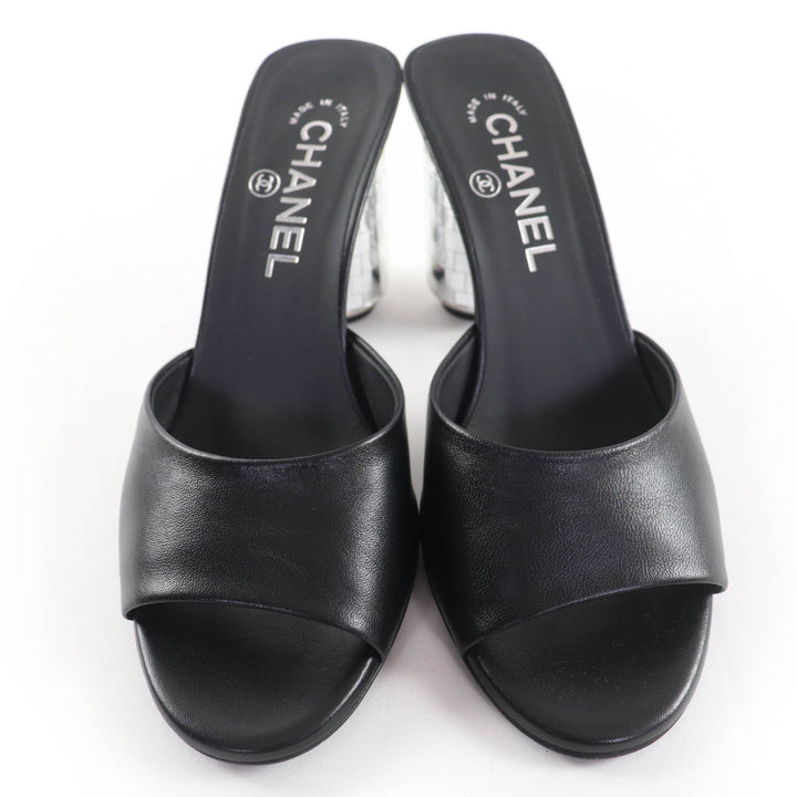 Pristine CHANEL Sandals COCO Mark Mirror Heel Leather Black Silver 37 G45358