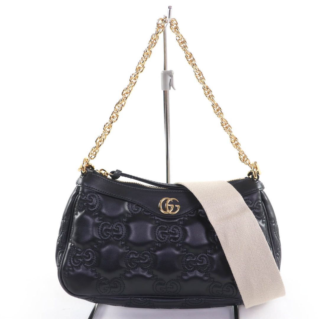 Excellent GUCCI Shoulder Bag GG Matelasse 2-Way Leather Handbag black 735049
