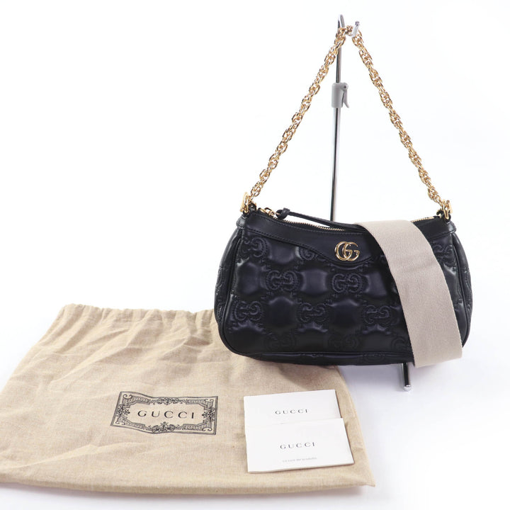 Excellent GUCCI Shoulder Bag GG Matelasse 2-Way Leather Handbag black 735049