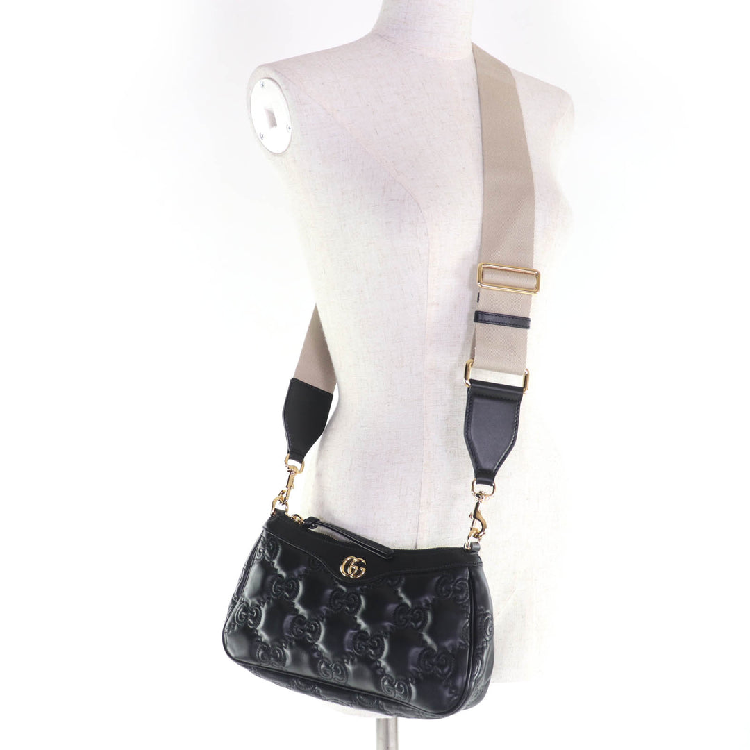 Excellent GUCCI Shoulder Bag GG Matelasse 2-Way Leather Handbag black 735049