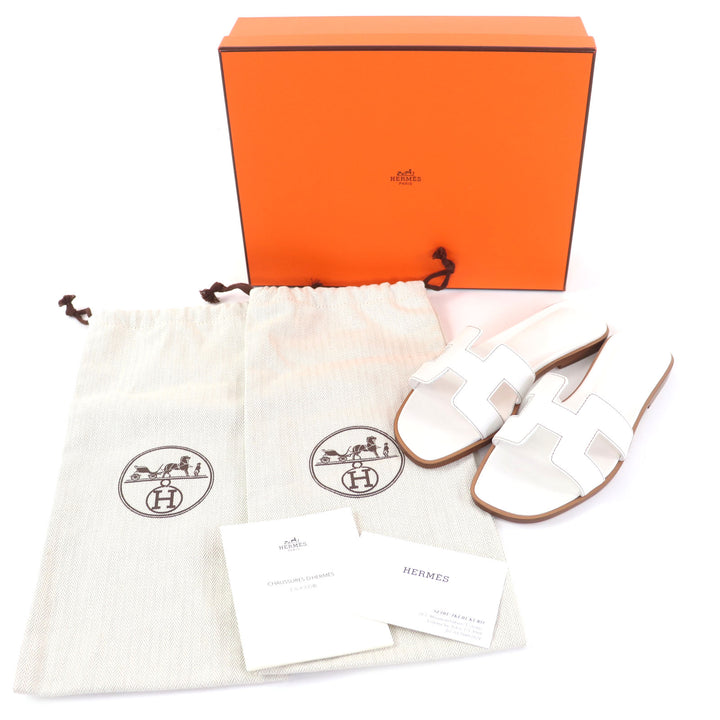 新品 HERMES サンダル サンダル オラン ホワイト ボックススカーフ レザー レディース 34.5