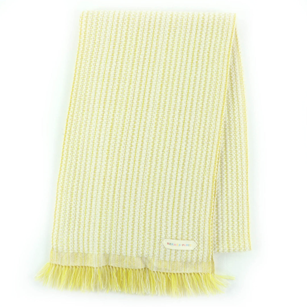 Great HERMES Scarf Wavy double-face knit with fringe, large size yellow cashmere