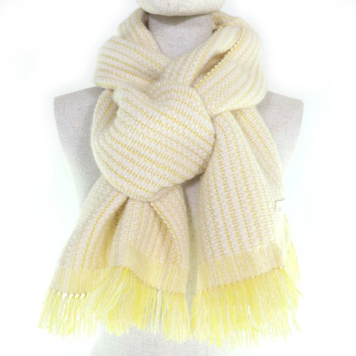 Great HERMES Scarf Wavy double-face knit with fringe, large size yellow cashmere