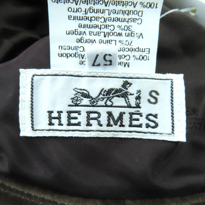 素晴らしいHERMES帽子ロゴプリントベロアハット裏地付きグレーカーキウールレディース57