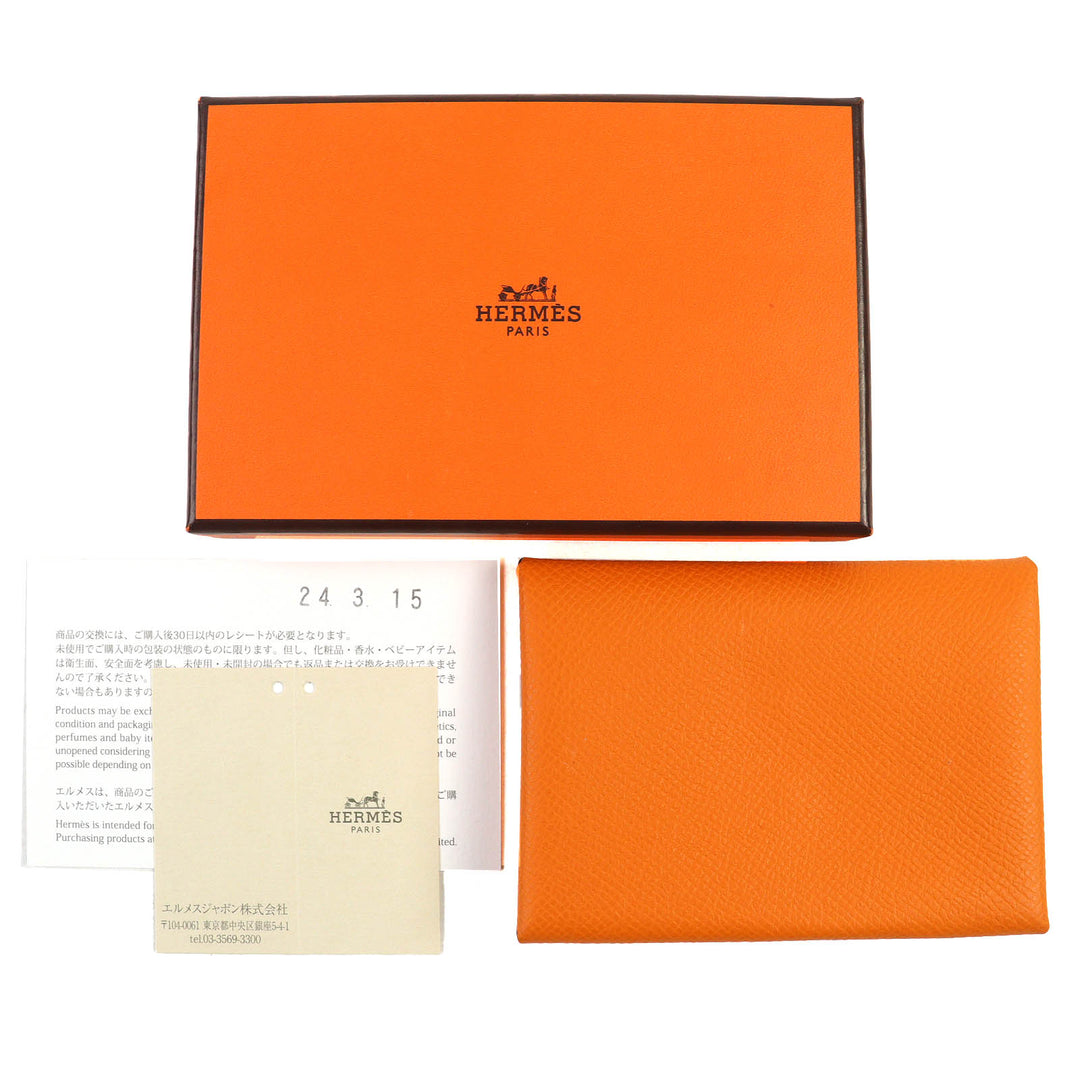 HERMES コインケース カルヴィ デュオ カードケース オレンジ エプソン レザー レディース