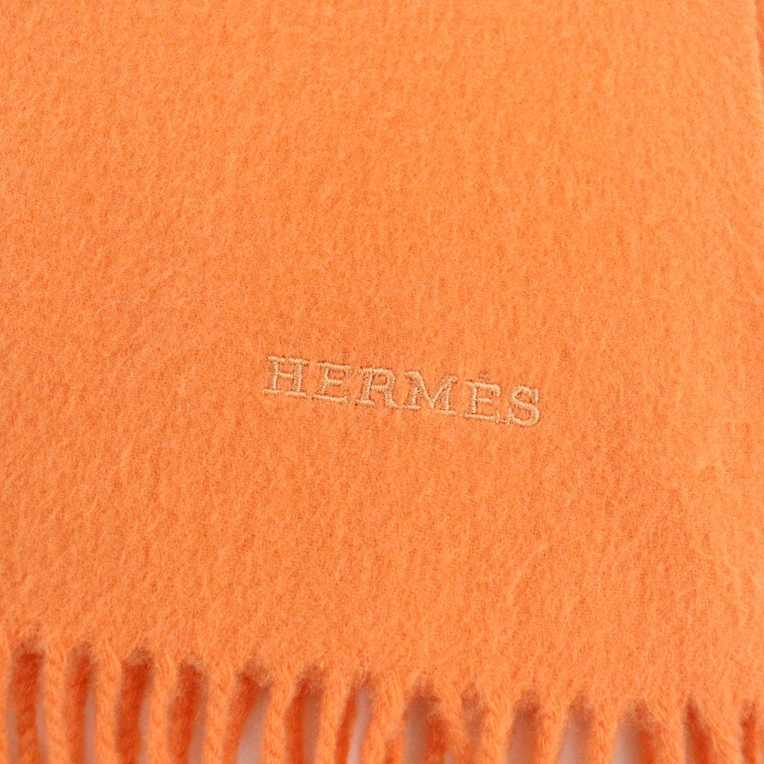 非常に良い HERMES スカーフ 刺繍ロゴ入り大判ショール/ストール オレンジ カシミア