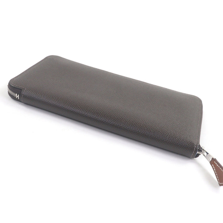 Great HERMES Purse Azap Long Silk Inn Round zip wallet Ebene Silver Epsom