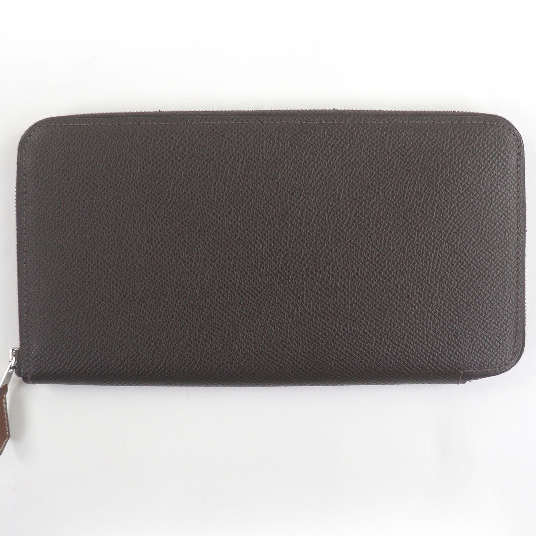 Great HERMES Purse Azap Long Silk Inn Round zip wallet Ebene Silver Epsom