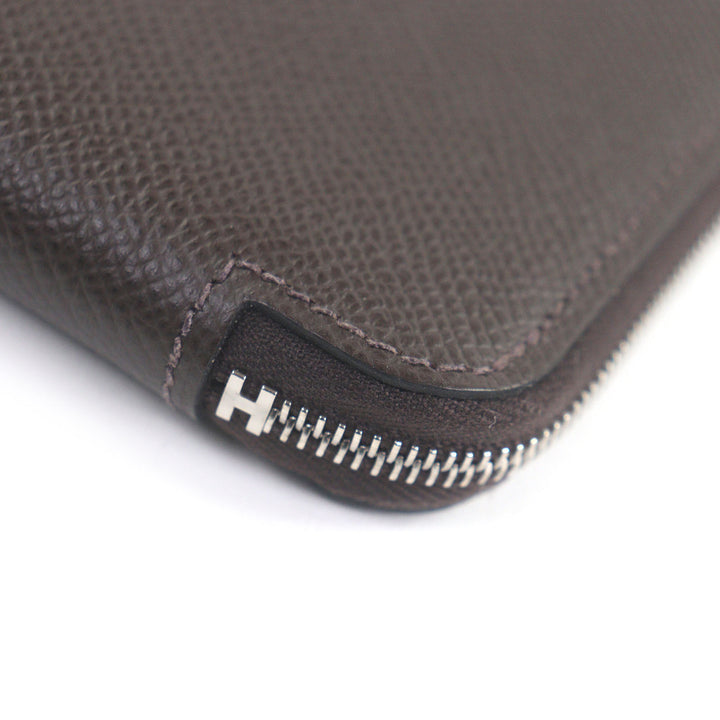 Great HERMES Purse Azap Long Silk Inn Round zip wallet Ebene Silver Epsom