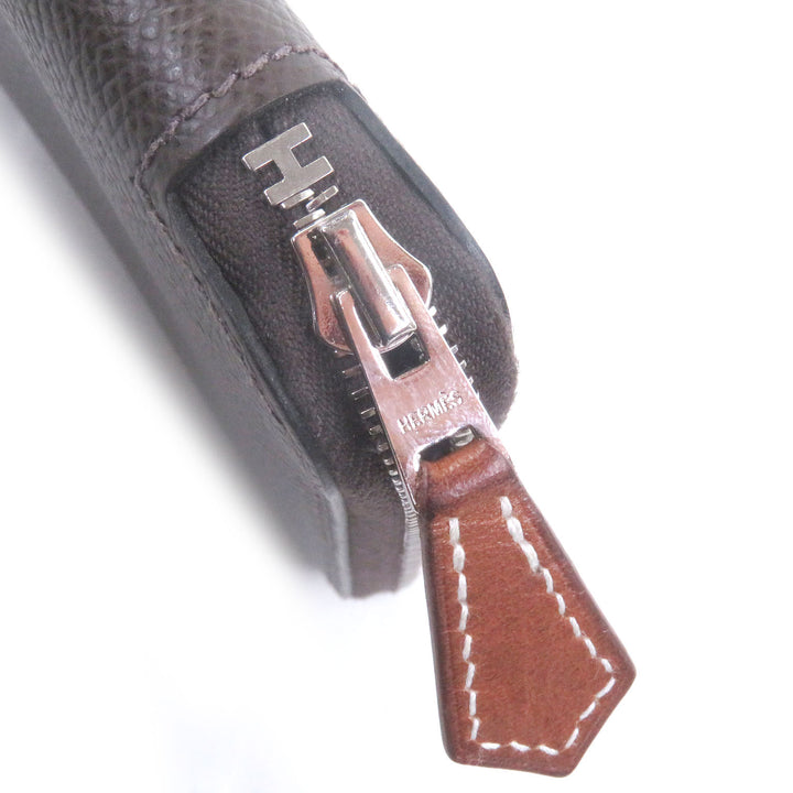 Great HERMES Purse Azap Long Silk Inn Round zip wallet Ebene Silver Epsom