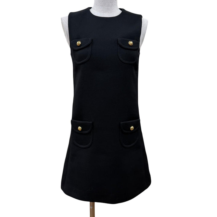 Excellent CELINE one piece Triomphe gold button sleeveless top black wool 34