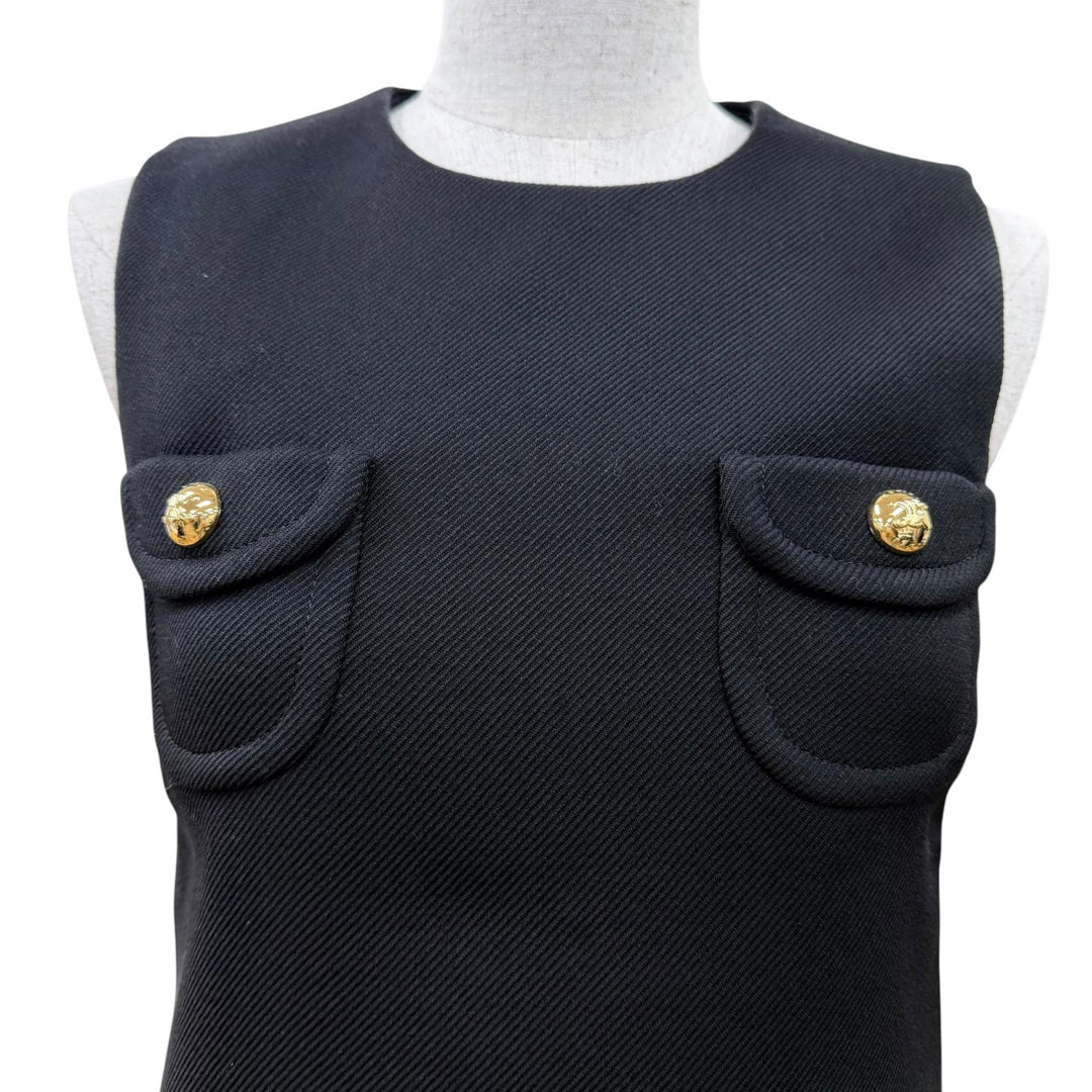 Excellent CELINE one piece Triomphe gold button sleeveless top black wool 34