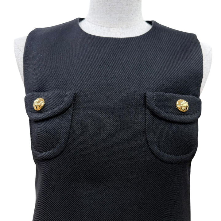 Excellent CELINE one piece Triomphe gold button sleeveless top black wool 34