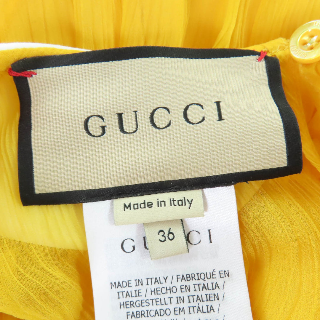 新品 GUCCI ワンピース ラウンドカラー シフォンドレス イエロー シルク レディース 36 728125
