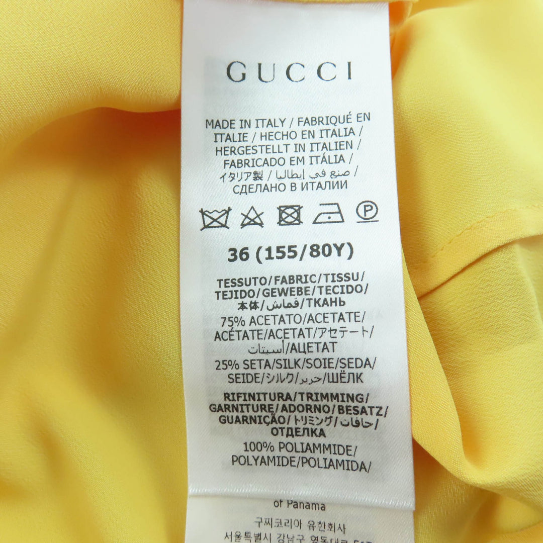 新品 GUCCI ワンピース ラウンドカラー シフォンドレス イエロー シルク レディース 36 728125