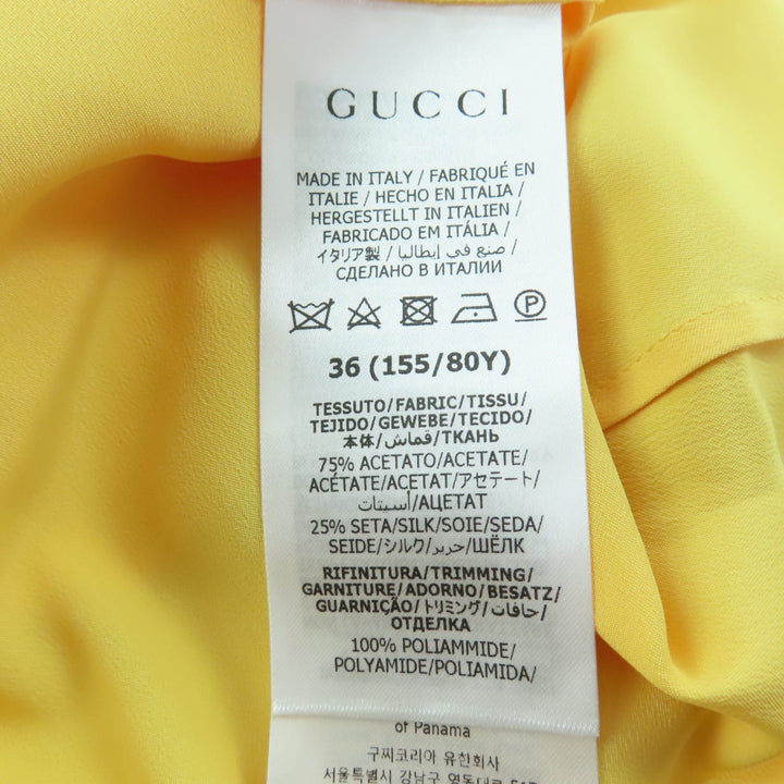 新品 GUCCI ワンピース ラウンドカラー シフォンドレス イエロー シルク レディース 36 728125