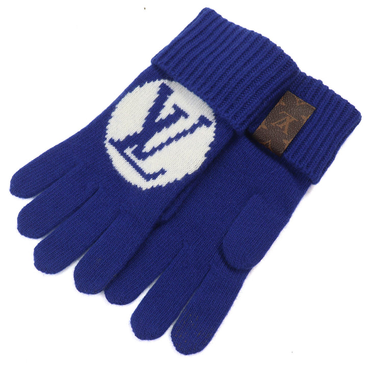 Excellent LOUIS VUITTON gloves LV medallion maille glove blue wool Women S