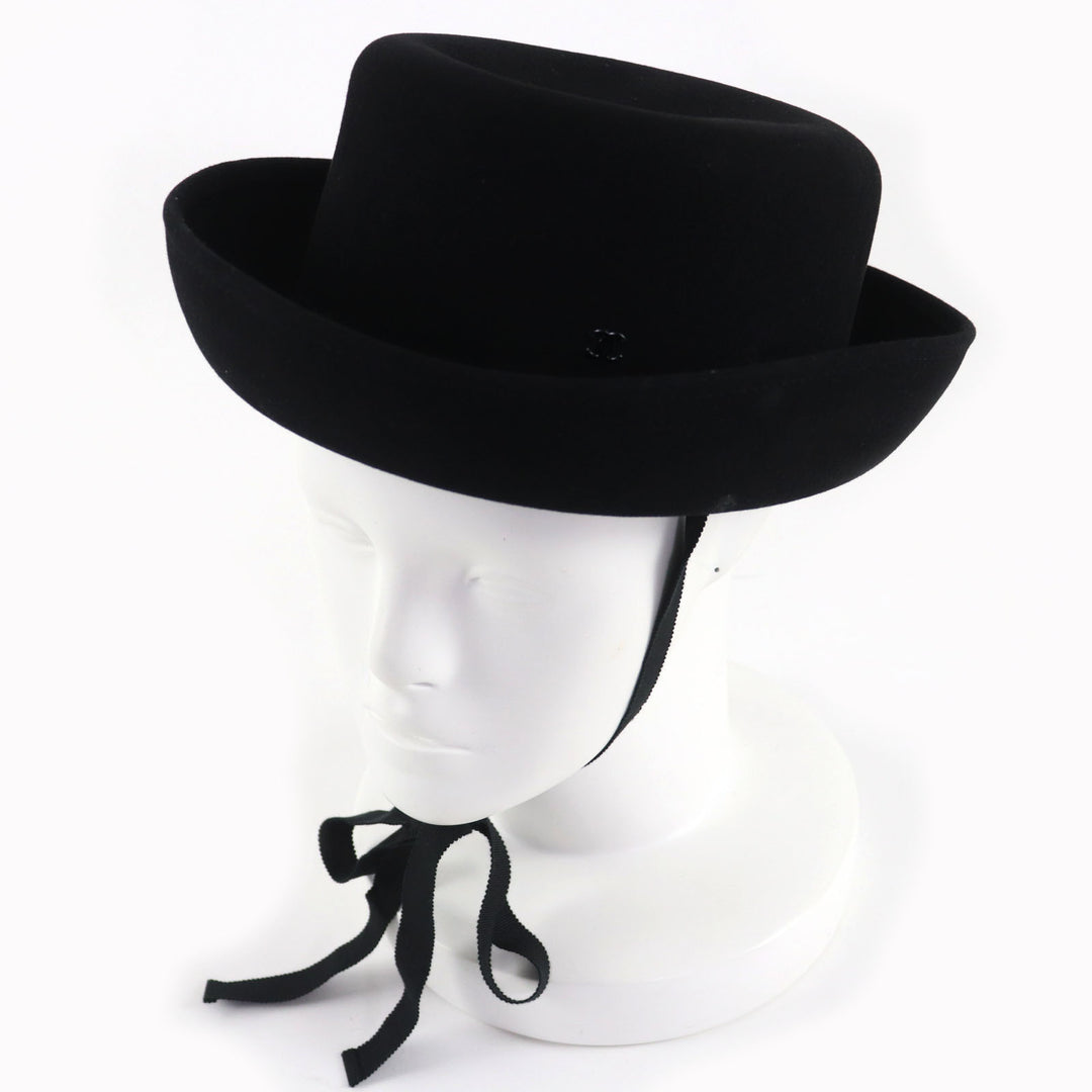 Excellent CHANEL hat black Rabbit hair Women M 20S