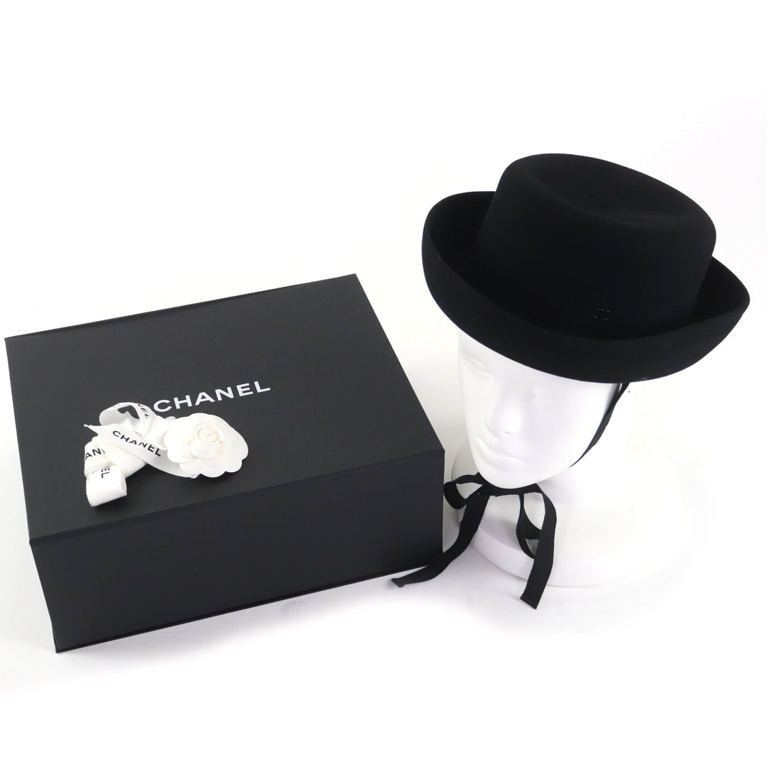 Excellent CHANEL hat black Rabbit hair Women M 20S