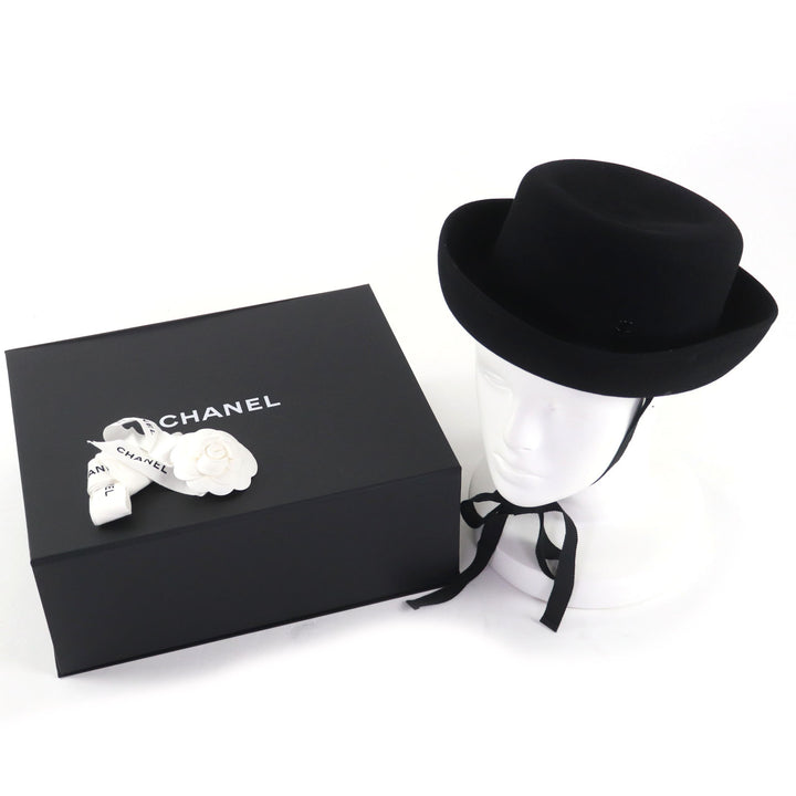Excellent CHANEL hat black Rabbit hair Women M 20S