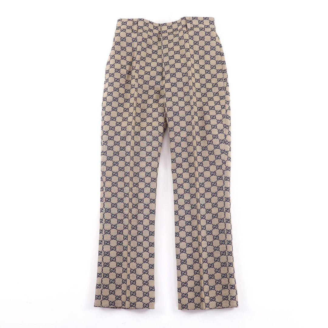 新品 GUCCI パンツ GGジャカード センタープレス ベージュ ネイビー リネン レディース 36 786389
