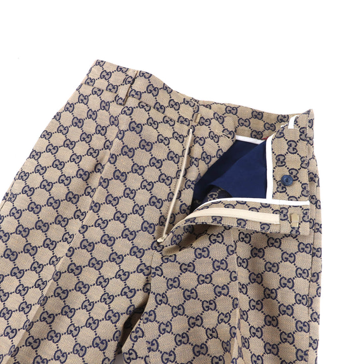 新品 GUCCI パンツ GGジャカード センタープレス ベージュ ネイビー リネン レディース 36 786389