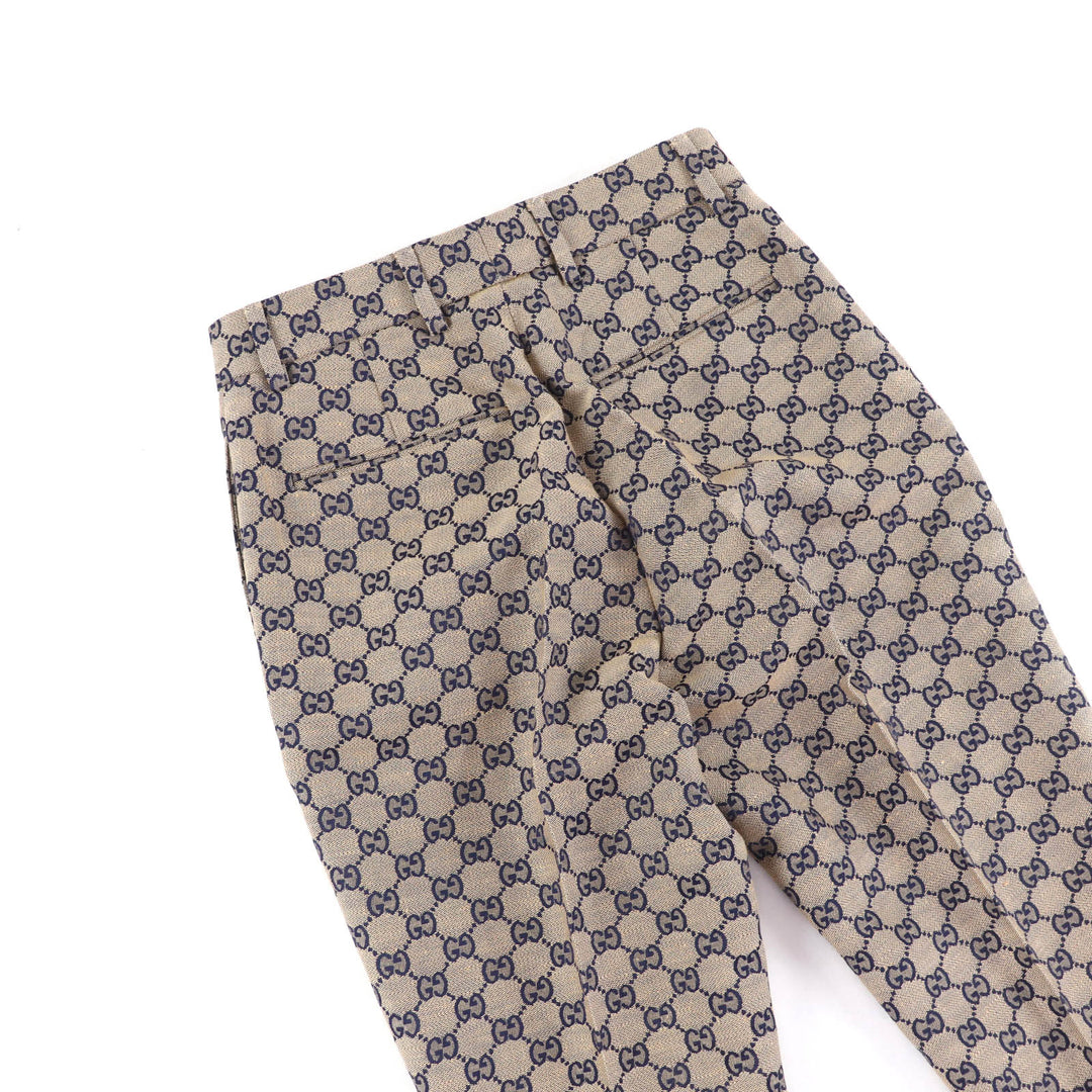 新品 GUCCI パンツ GGジャカード センタープレス ベージュ ネイビー リネン レディース 36 786389