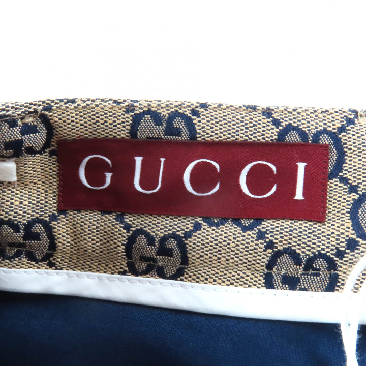 新品 GUCCI パンツ GGジャカード センタープレス ベージュ ネイビー リネン レディース 36 786389