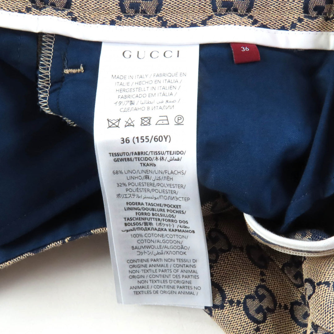 新品 GUCCI パンツ GGジャカード センタープレス ベージュ ネイビー リネン レディース 36 786389