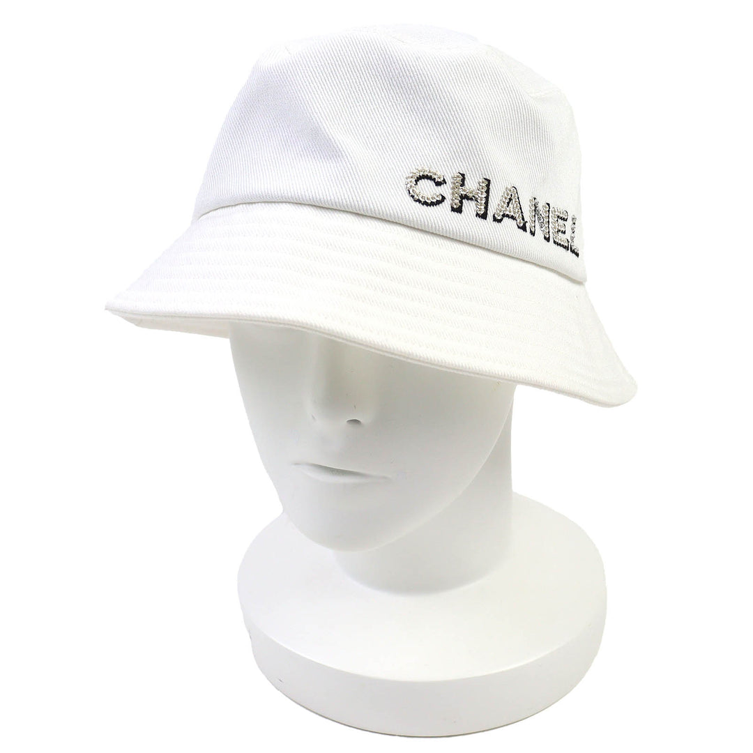 Pristine CHANEL hat Logo Rhinestone Bucket Hat white cotton Women L 22P