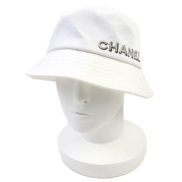 Pristine CHANEL hat Logo Rhinestone Bucket Hat white cotton Women L 22P