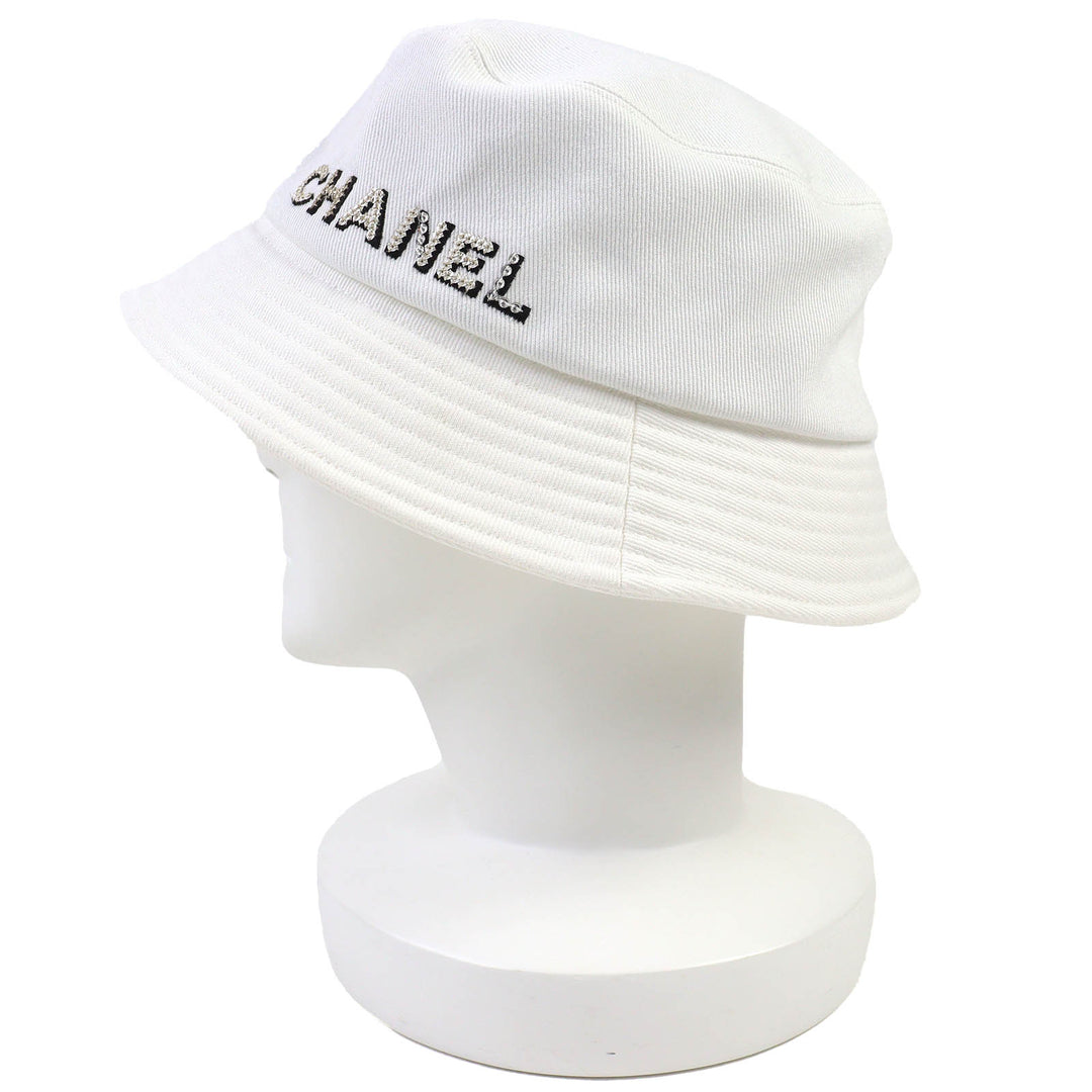 Pristine CHANEL hat Logo Rhinestone Bucket Hat white cotton Women L 22P