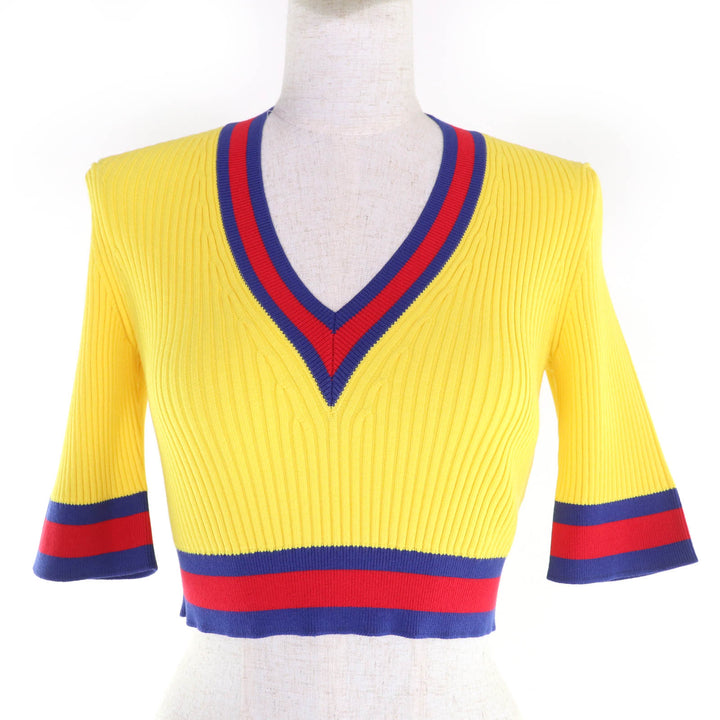 Pristine GUCCI Short sleeve knit Web line cropped length yellow Women S 756271