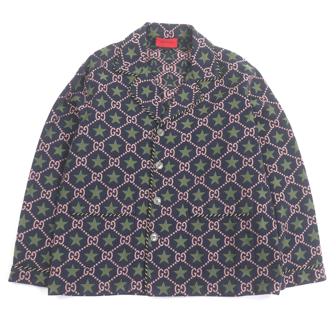素晴らしい GUCCI テーラードジャケット GGロゴ スター 総柄 ネイビー コットン