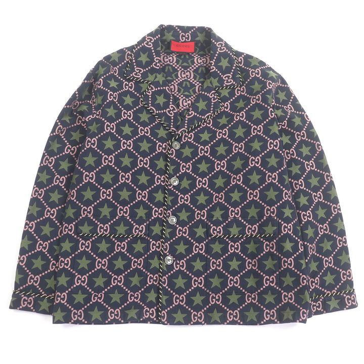素晴らしい GUCCI テーラードジャケット GGロゴ スター 総柄 ネイビー コットン