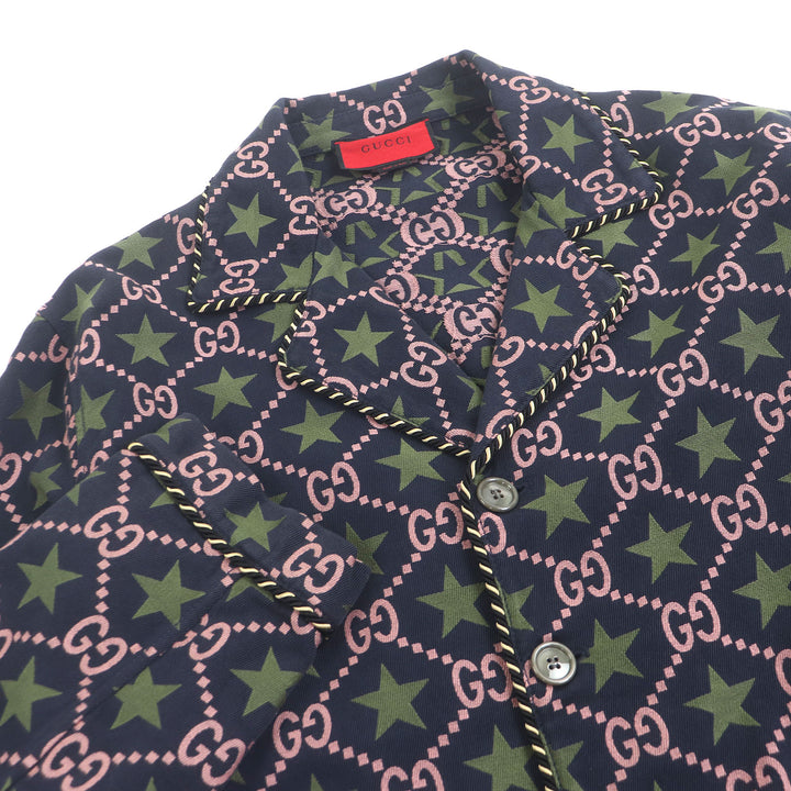 素晴らしい GUCCI テーラードジャケット GGロゴ スター 総柄 ネイビー コットン