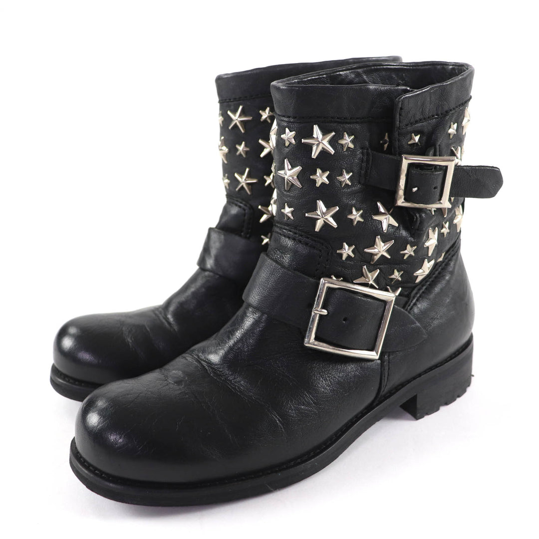 Great JIMMY CHOO short boots Star-studded leather engineer boots black 36.5