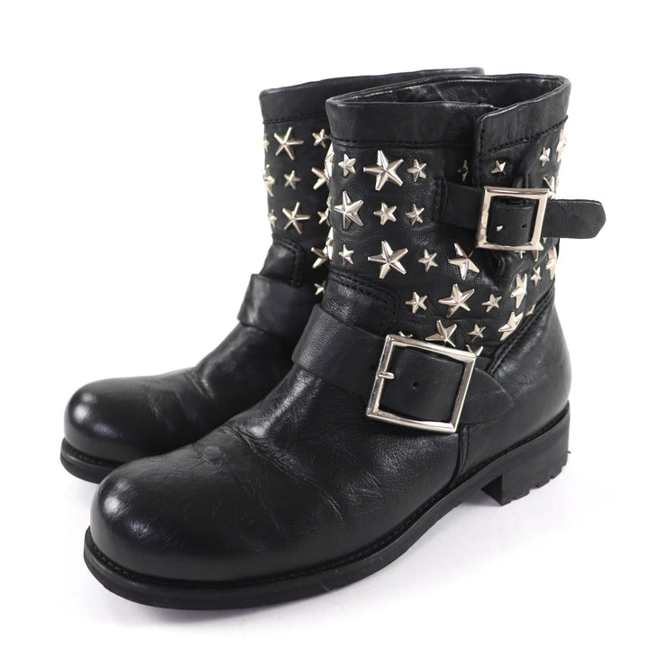 Great JIMMY CHOO short boots Star-studded leather engineer boots black 36.5