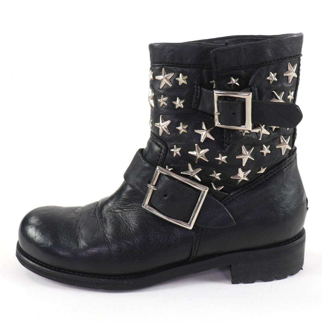 Great JIMMY CHOO short boots Star-studded leather engineer boots black 36.5