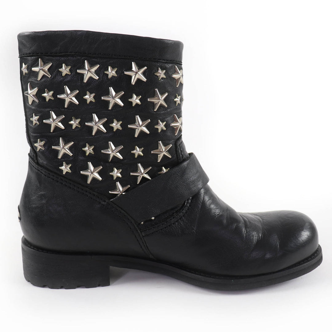 Great JIMMY CHOO short boots Star-studded leather engineer boots black 36.5