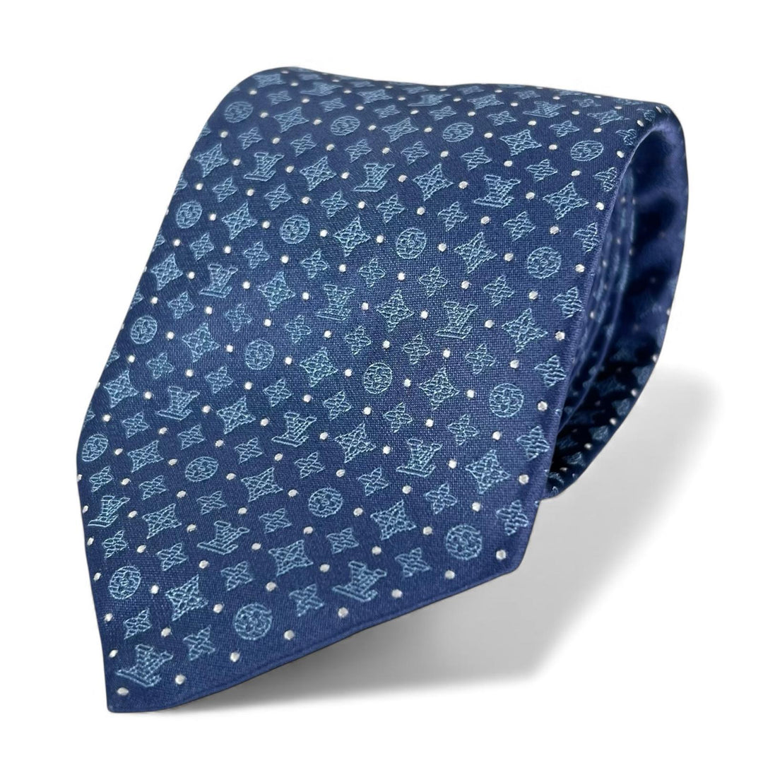 Excellent LOUIS VUITTON tie Monogram Shadow Dot 8cm blue mens M90831