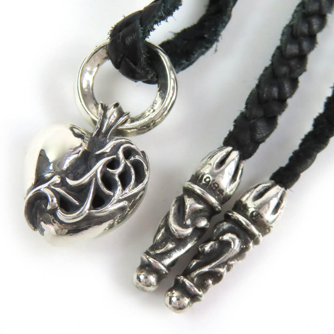 Excellent CHROME HEARTS Heart Charm Leather Braid Necklace Old Style Silver 925