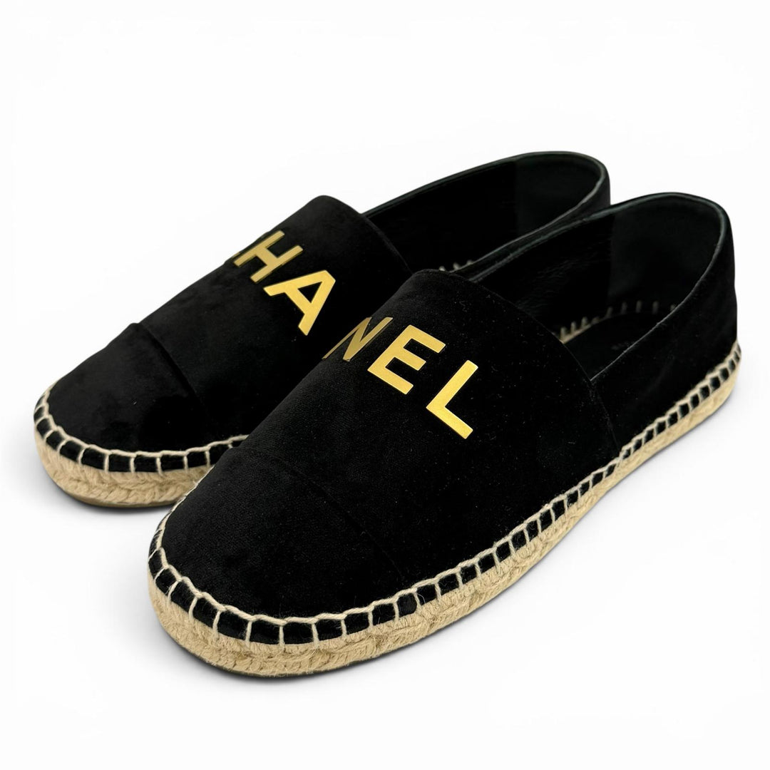 Excellent CHANEL Slip-on Logo design velour black Velor Women 37 G34012
