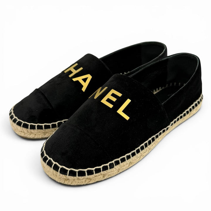 Excellent CHANEL Slip-on Logo design velour black Velor Women 37 G34012